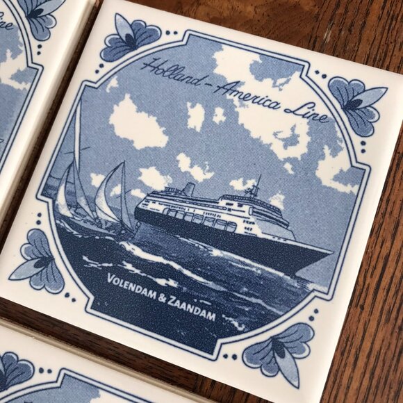 Set of 7 Vintage Holland America, Delft Blue Tile Coasters, Ceramic Cruise Ship - Picture 2 of 7